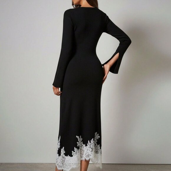 Black Elegant Women's long Flare sleeved Lace detailed Sweater dress - Picture 2 of 7